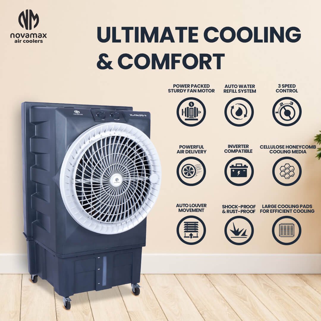 Rambo 100 Plus (Grey, Rambo 100L Air Cooler With Honeycomb Cooling & Auto Swing Technology) — view 3