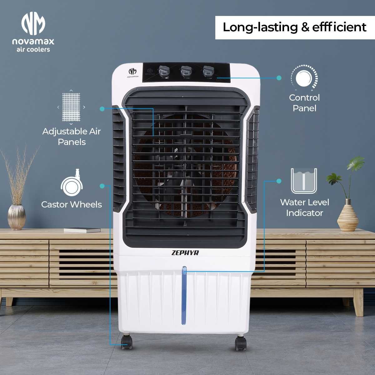 Novamax Zephyr 90 L Desert Air Cooler For Home/Office With 3-Side High Density Honeycomb Cooling Pads, Auto Swing, 4-Way Air Deflection & 3-Speed Control Technology (Black) — view 3