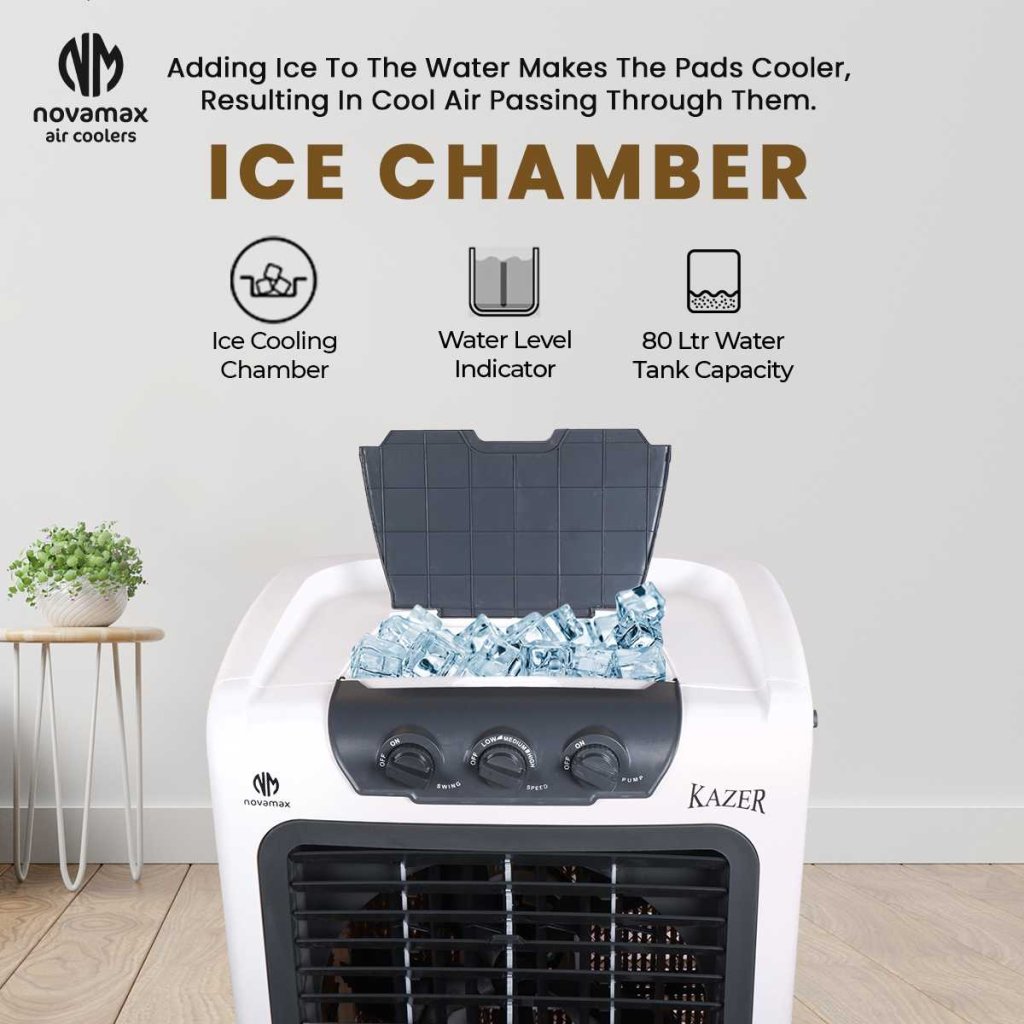 Novamax Kazer 75 L Heavy Duty Desert Air Cooler With High Density Honeycomb Cooling Pads, 4-Ways Air Deflection, Powerful Air Thow & 3-Speed Control With Ice Chamber (White) — view 6