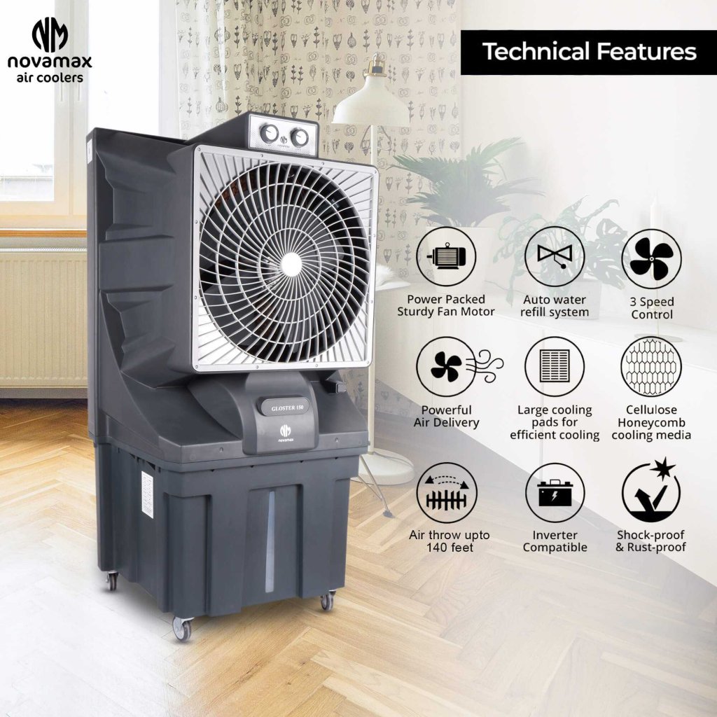 NOVAMAX GLOSTER 150 L Commercial Air Cooler (Grey, With Powerful Air Throw, Honeycomb Cooling) — view 3