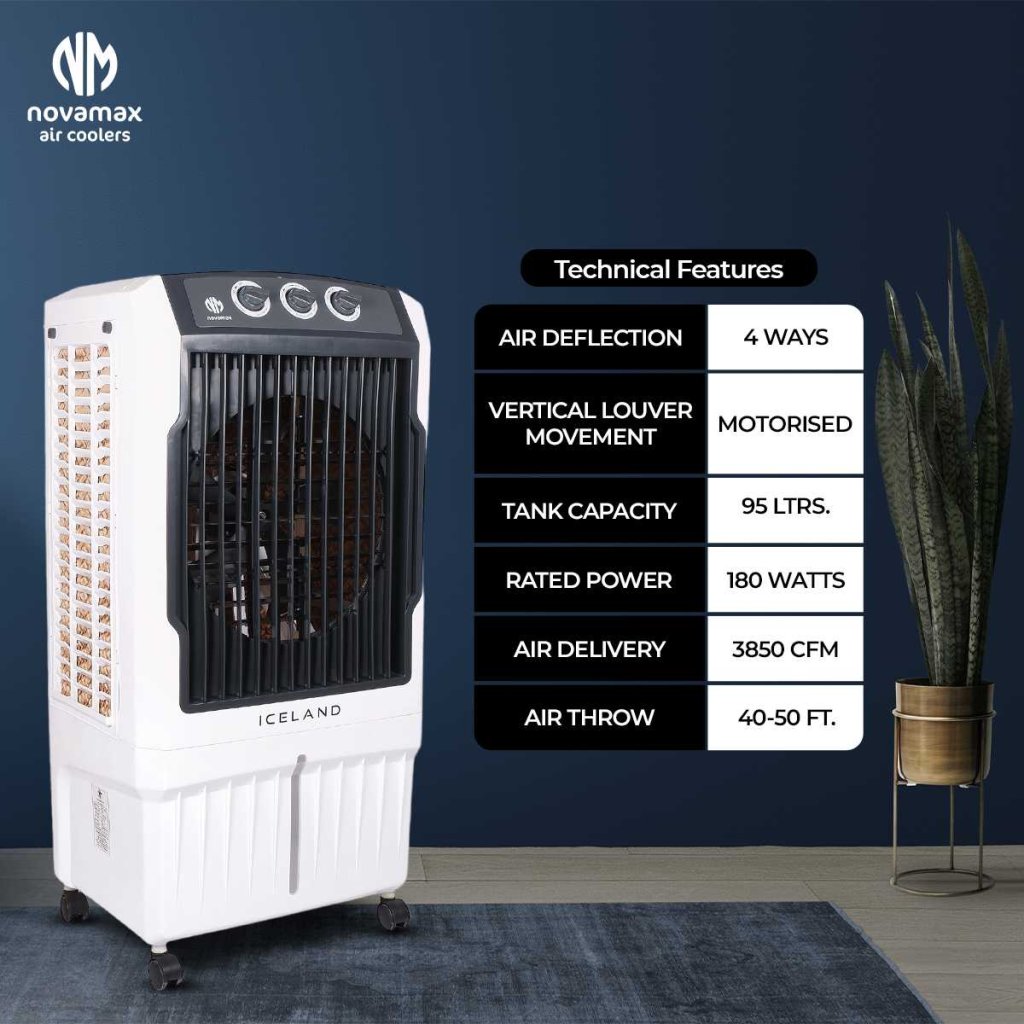 Novamax Iceland 90 L Desert Air Cooler with Ice Chamber, 3-Side Honeycomb Cooling Pads, Powerful Air Throw, 4-Way Air Deflection and Low Power Consumption (Black) — view 4