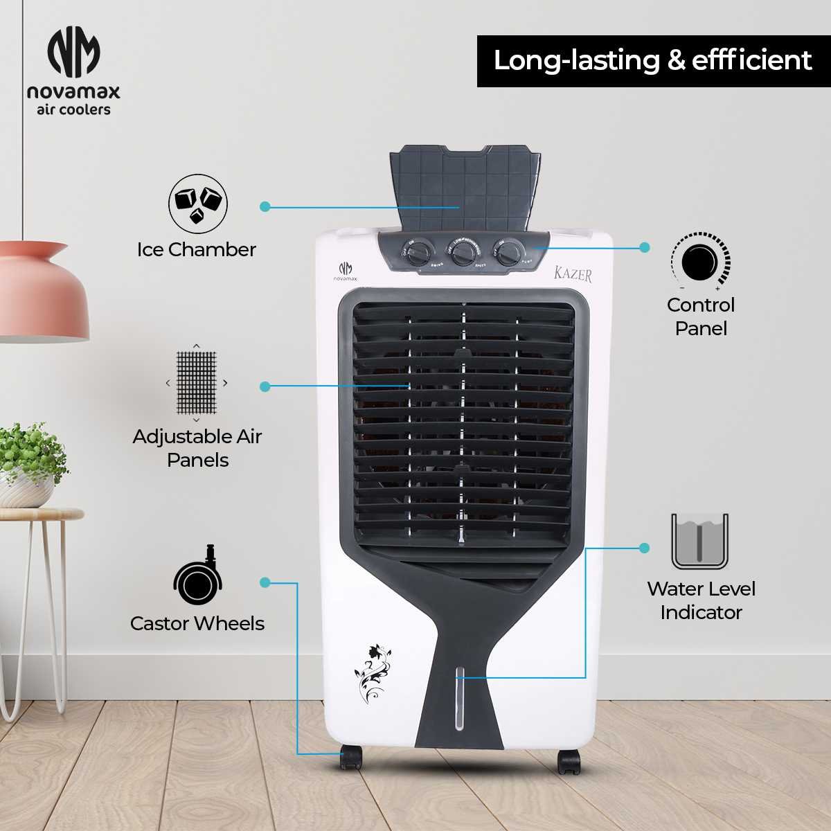 Novamax Kazer 75 L Heavy Duty Desert Air Cooler With High Density Honeycomb Cooling Pads, 4-Ways Air Deflection, Powerful Air Thow & 3-Speed Control With Ice Chamber (White) — view 3