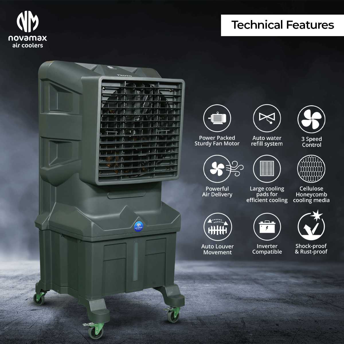 Novamax Proto 75 L Commercial Air Cooler For Office/Home With 1-Side Honeycomb Cooling Pads, Powerful Air Throw With Dust Filter & Mosquito Net (Grey) — view 5