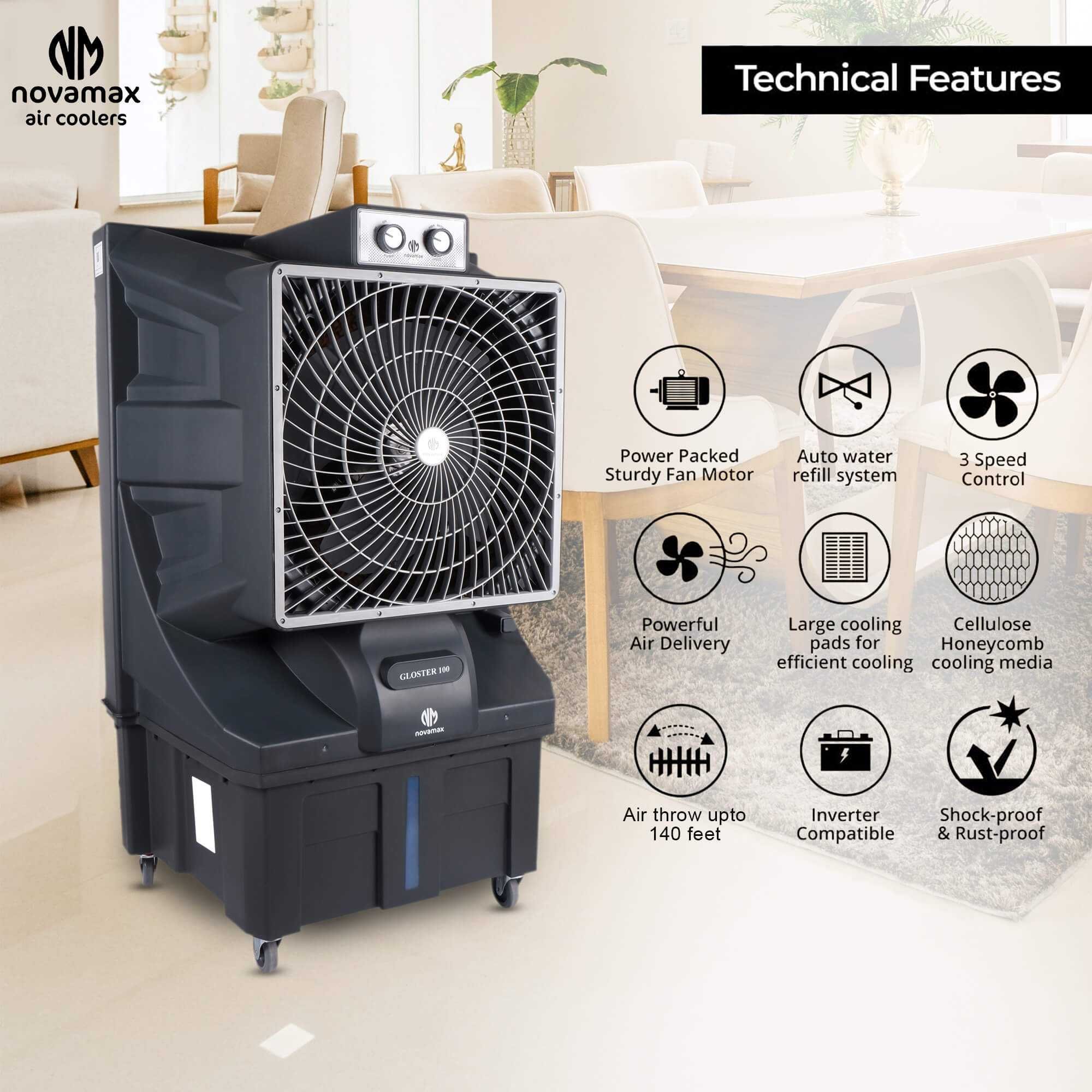 Novamax GLOSTER 100 L Commercial Air Cooler (Grey, With Powerful Air Throw, Honeycomb Cooling) — view 3