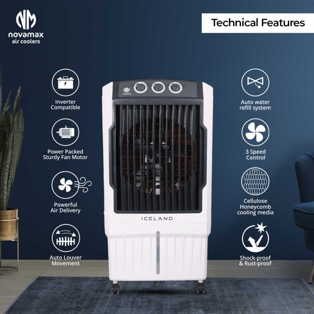 Novamax Iceland 90 L Desert Air Cooler with Ice Chamber, 3-Side Honeycomb Cooling Pads, Powerful Air Throw, 4-Way Air Deflection and Low Power Consumption (Black) — view 3