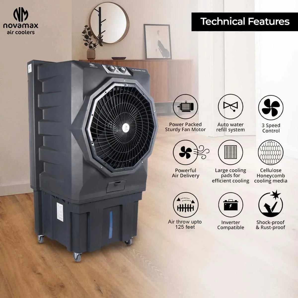 Novamax RAMBO 125 L Commercial Air Cooler (Grey, Rambo With Honeycomb Cooling Technology) — view 4