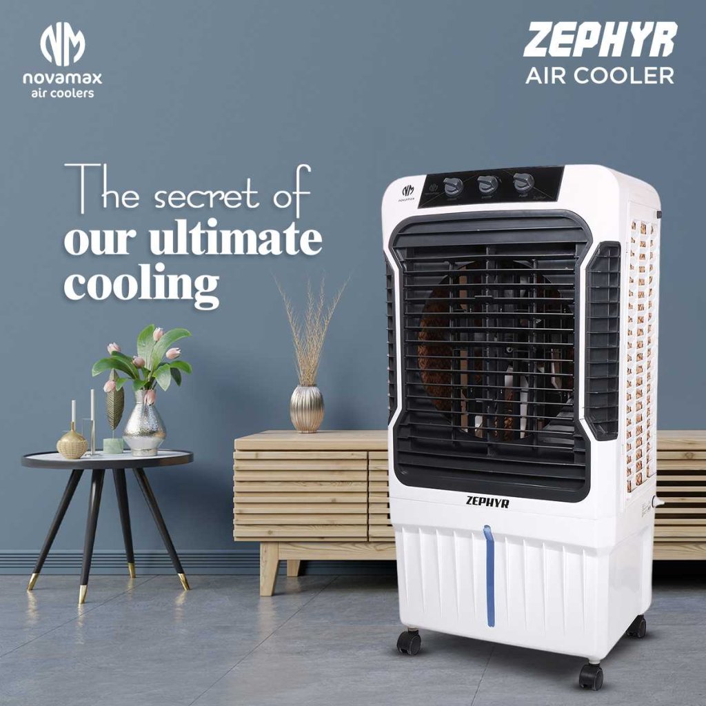 Novamax Zephyr 90 L Desert Air Cooler For Home/Office With 3-Side High Density Honeycomb Cooling Pads, Auto Swing, 4-Way Air Deflection & 3-Speed Control Technology (Black) — view 2