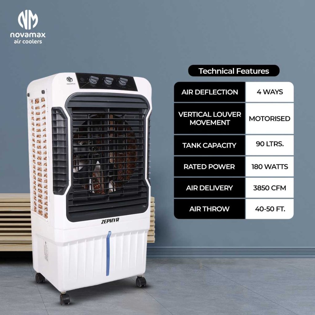 Novamax Zephyr 90 L Desert Air Cooler For Home/Office With 3-Side High Density Honeycomb Cooling Pads, Auto Swing, 4-Way Air Deflection & 3-Speed Control Technology (Black) — view 5
